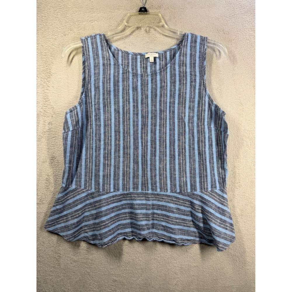 Talbots Peplum Top Women Large Blue Striped Linen Blend Sleeveless Summer Blouse
